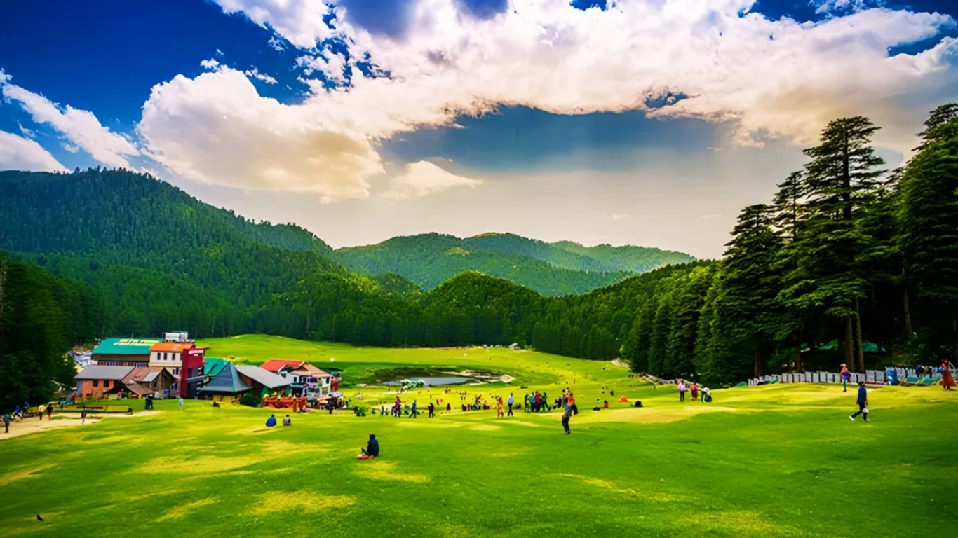 Scenic view of Mini Switzerland with lush green meadows, pine forests, rolling hills, and breathtaking Himalayan mountain landscapes.