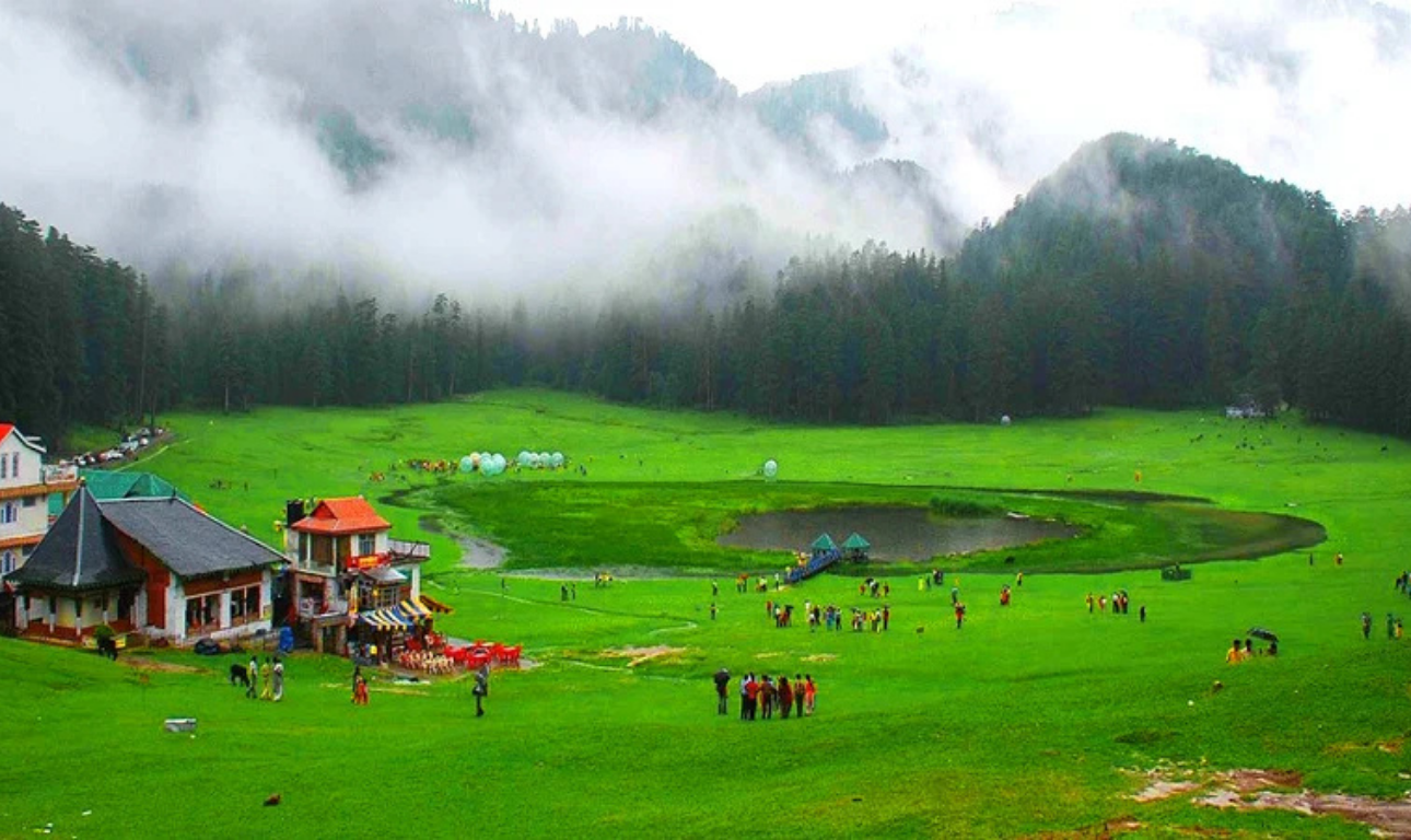 Beautiful view of Dalhousie with lush green hills, colonial-style architecture, pine forests, and scenic Himalayan mountain landscapes.