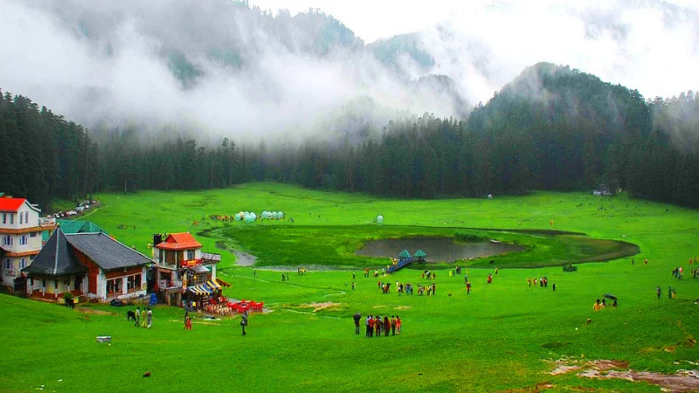 Beautiful view of Dalhousie with lush green hills, colonial-style architecture, pine forests, and scenic Himalayan mountain landscapes.