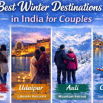 Collage featuring top winter destinations in India for couples including Shimla, Udaipur, Auli, and Gulmarg with snowy landscapes and romantic views.