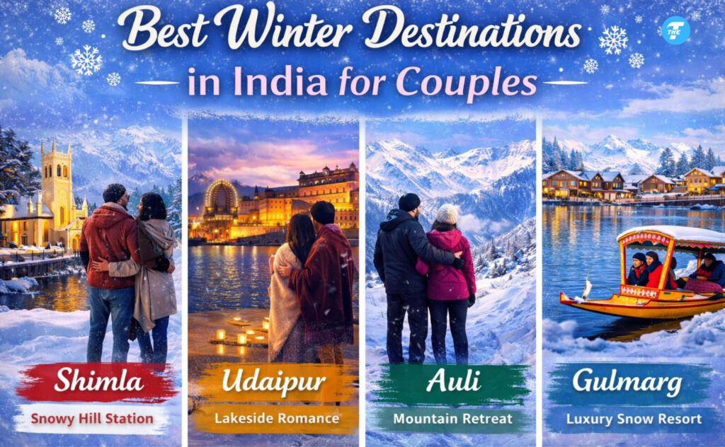 Collage featuring top winter destinations in India for couples including Shimla, Udaipur, Auli, and Gulmarg with snowy landscapes and romantic views.