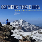 Snow-covered mountain landscape in India with a trekker sitting on rocks and text about the best winter treks in India.