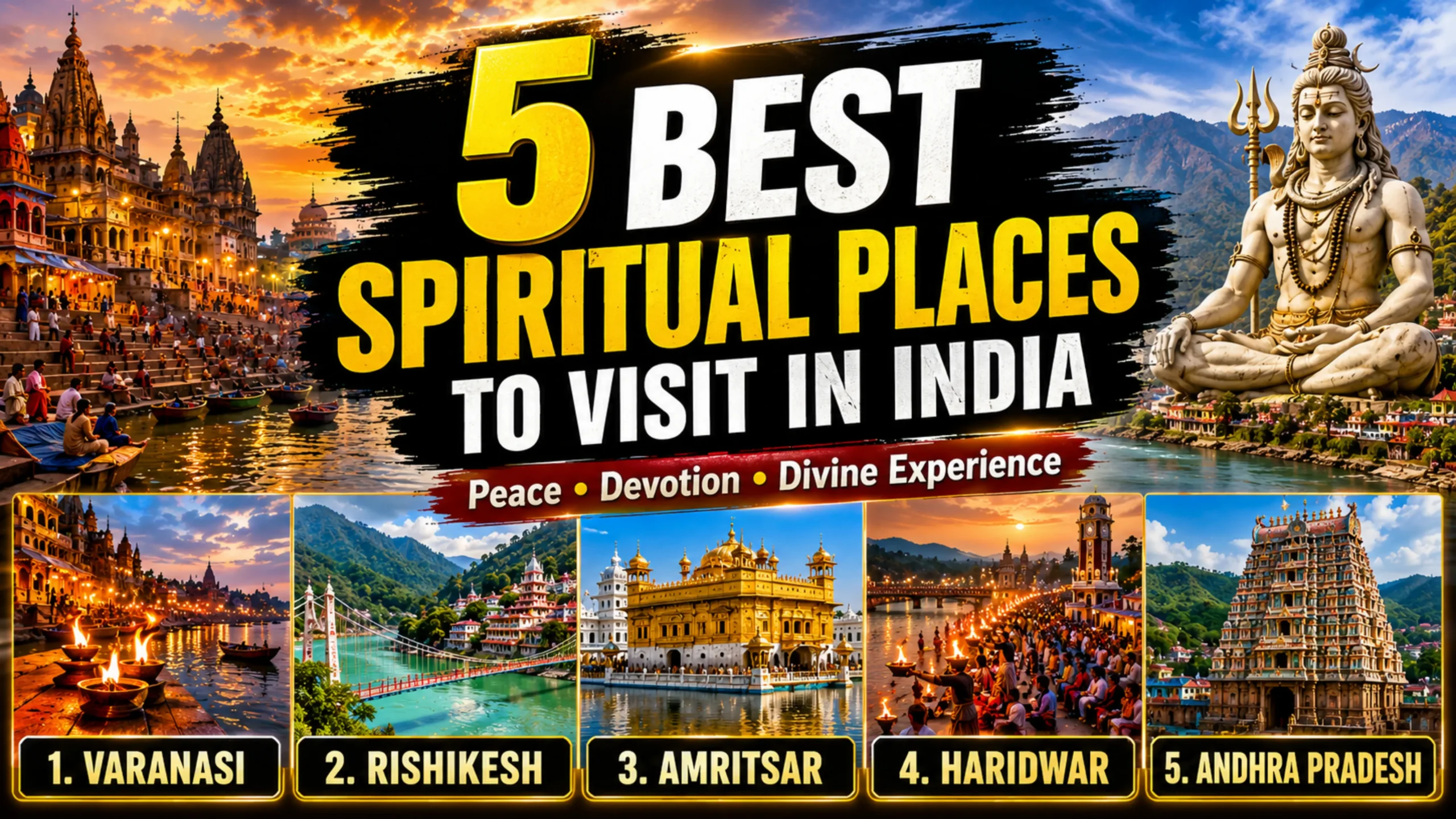 5 best spiritual places to visit in India featuring Varanasi Rishikesh Amritsar Haridwar and Andhra Pradesh spiritual destinations
