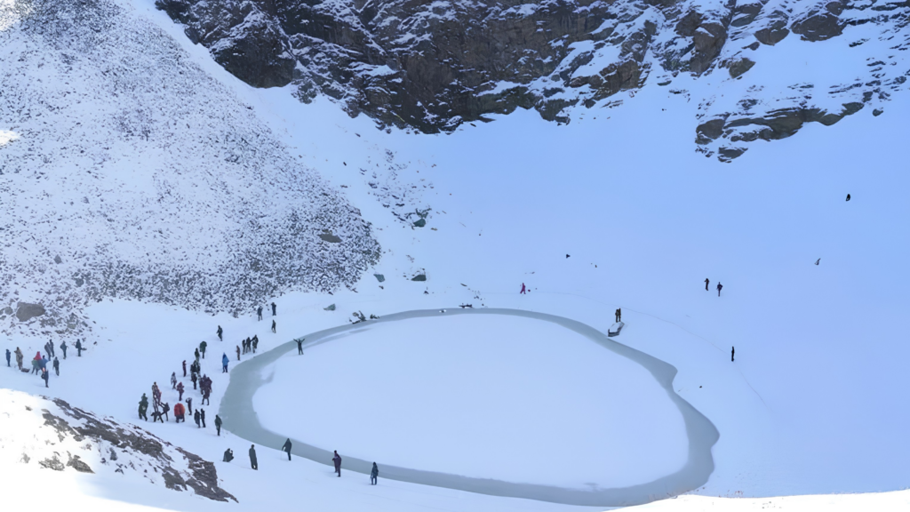 Roopkund Skeleton Lake surrounded by snow-covered Himalayan peaks in Uttarakhand