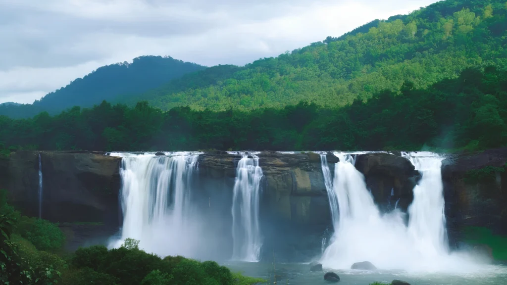 Tropical rainforest surrounding Athirapally Waterfalls in Kerala with lush green forest scenery.