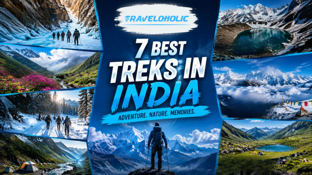 Solo trekker overlooking a dramatic Himalayan landscape featuring frozen rivers, alpine lakes, snow-capped mountains, glaciers, and high-altitude camping in India.