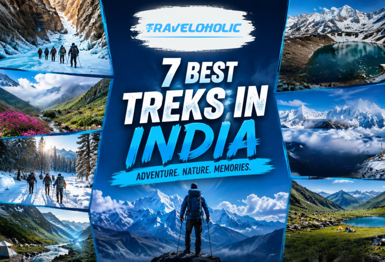 Solo trekker overlooking a dramatic Himalayan landscape featuring frozen rivers, alpine lakes, snow-capped mountains, glaciers, and high-altitude camping in India.