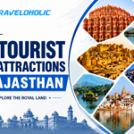 Top 7 tourist attractions in Rajasthan featuring Hawa Mahal, Jaisalmer Fort, City Palace Udaipur, Mehrangarh Fort, Jal Mahal, Ranthambore National Park, and iconic Rajasthan landmarks.