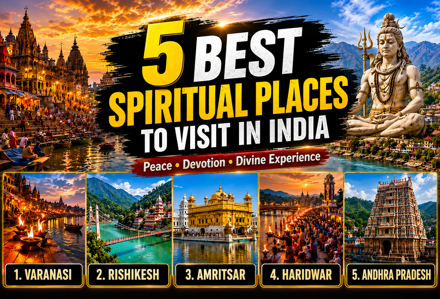 5 best spiritual places to visit in India featuring Varanasi Rishikesh Amritsar Haridwar and Andhra Pradesh spiritual destinations