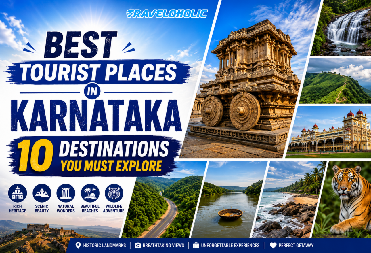 Best tourist places in Karnataka featuring Hampi Stone Chariot, Mysore Palace, Jog Falls, Gokarna Beach, Coorg landscapes, Kabini backwaters, Bandipur tiger, and other top attractions in Karnataka.