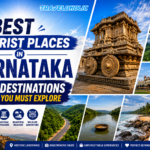 Best tourist places in Karnataka featuring Hampi Stone Chariot, Mysore Palace, Jog Falls, Gokarna Beach, Coorg landscapes, Kabini backwaters, Bandipur tiger, and other top attractions in Karnataka.