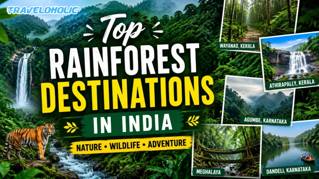 featuring lush tropical rainforests, waterfalls, wildlife, and popular rainforest destinations in India including Meghalaya, Agumbe, Wayanad, Athirapally, and Dandeli.