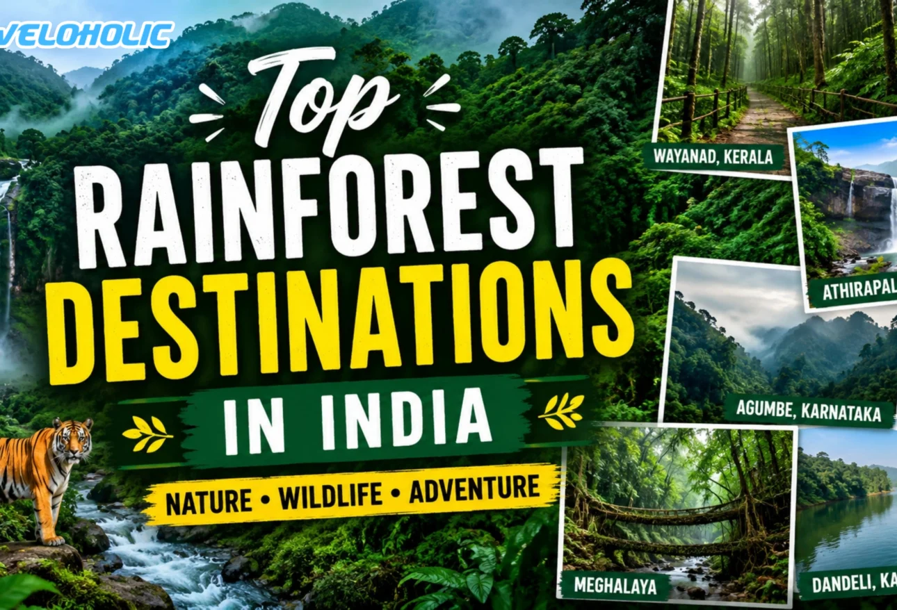 featuring lush tropical rainforests, waterfalls, wildlife, and popular rainforest destinations in India including Meghalaya, Agumbe, Wayanad, Athirapally, and Dandeli.