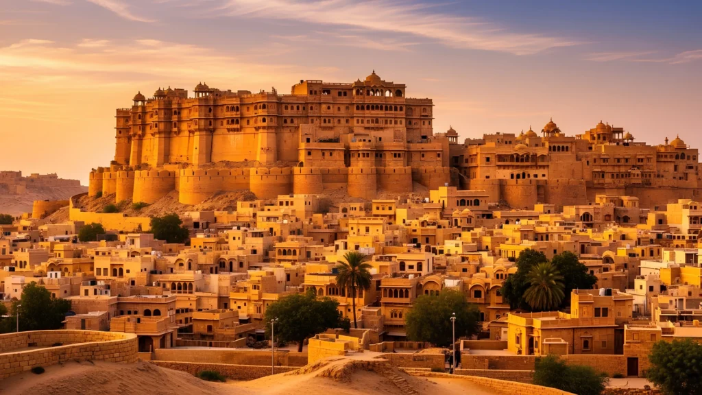 Jaisalmer Fort and camel safari in the Thar Desert, Rajasthan.