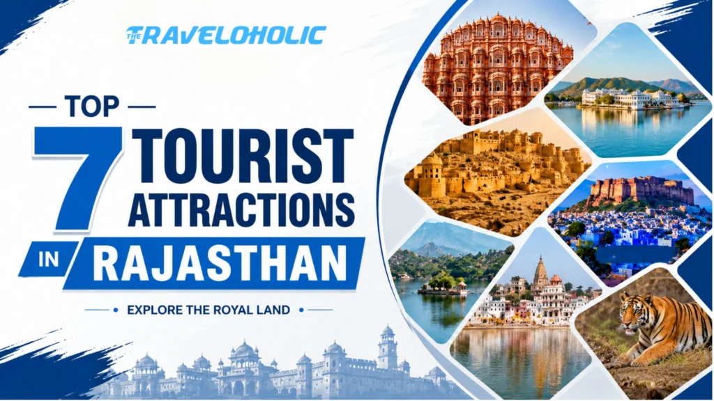Top 7 tourist attractions in Rajasthan featuring Jaipur, Udaipur, Jaisalmer, Jodhpur, Mount Abu, Pushkar, and Ranthambore National Park.