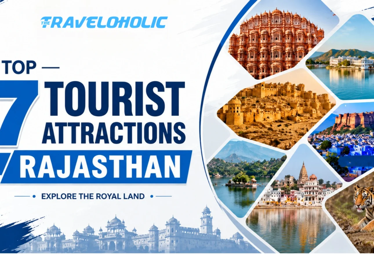 Top 7 tourist attractions in Rajasthan featuring Jaipur, Udaipur, Jaisalmer, Jodhpur, Mount Abu, Pushkar, and Ranthambore National Park.