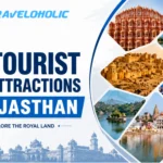 Top 7 tourist attractions in Rajasthan featuring Jaipur, Udaipur, Jaisalmer, Jodhpur, Mount Abu, Pushkar, and Ranthambore National Park.