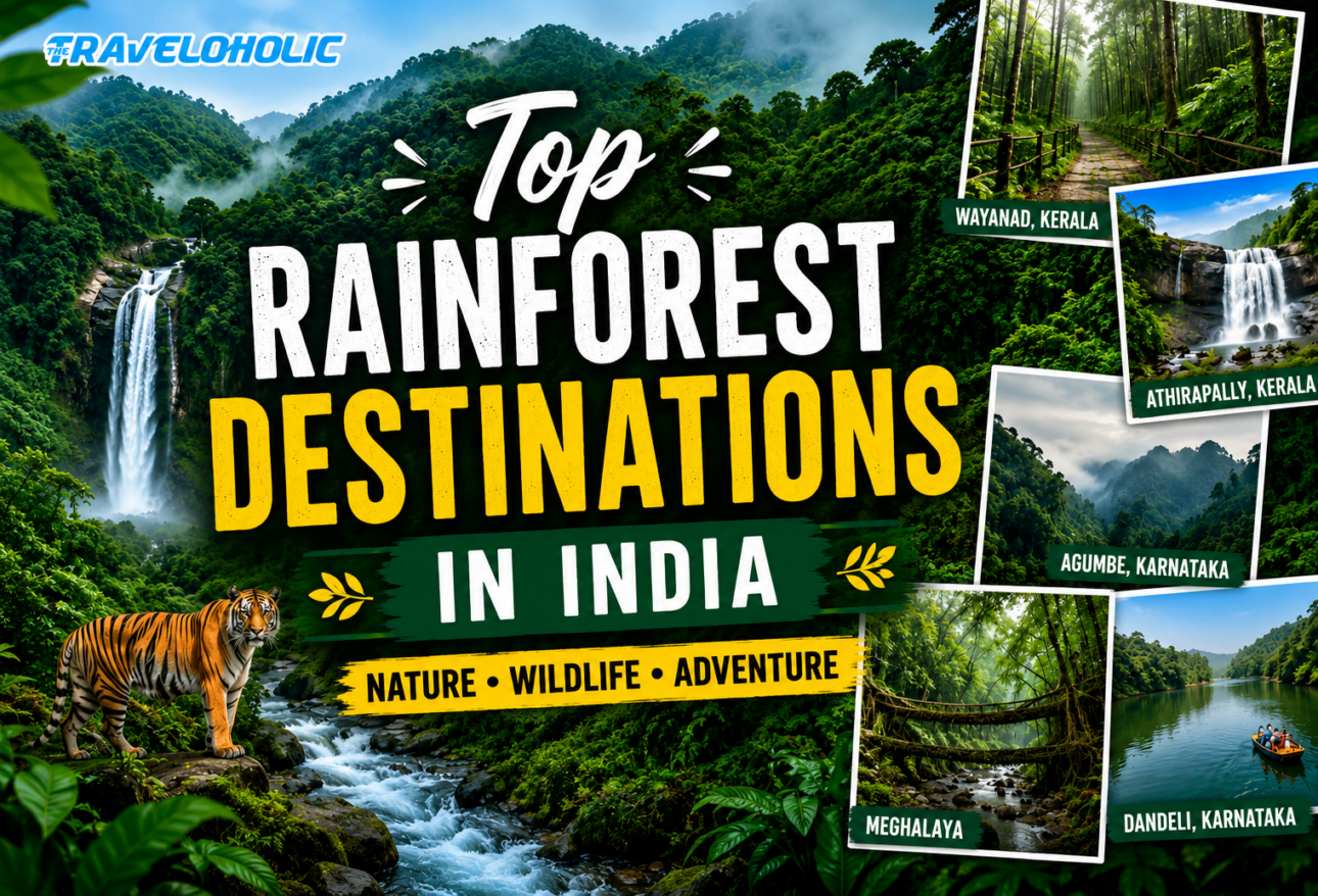featuring lush tropical rainforests, waterfalls, wildlife, and popular rainforest destinations in India including Meghalaya, Agumbe, Wayanad, Athirapally, and Dandeli.