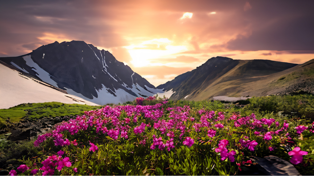 Colorful alpine flowers blooming in the Valley of Flowers National Park, Uttarakhand