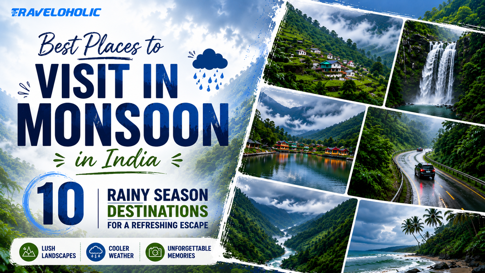 featuring lush green mountains, waterfalls, misty landscapes, and the title "Best Places to Visit in Monsoon in India – 10 Rainy Season Destinations for a Refreshing Escape" in a blue and white theme.
