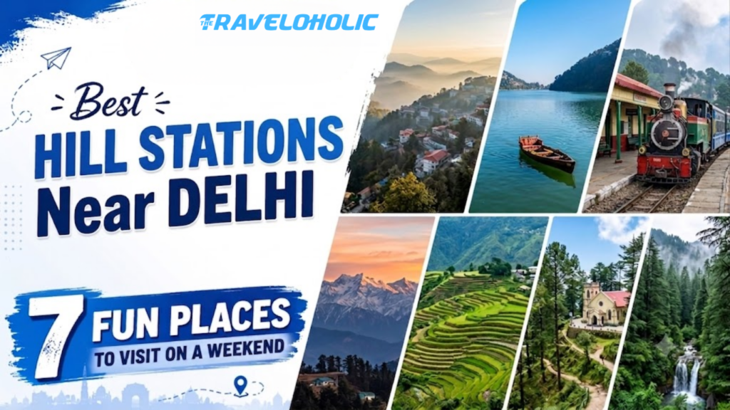 Best Hill Stations Near Delhi' in bold blue and white text. The left side features travel icons and a number '7' in a blue banner, with the subtitle '7 Fun Places to Visit on a Weekend'. The right side is a collage of 7 distinct scenic images within diagonal slices, showing a misty hill town, a person in a boat on a tranquil lake, a classic steam toy train at a station, snow-capped mountains at sunset, vibrant green terraced fields, a colonial-style church among pine trees, and a secluded forest waterfall. The overall composition is clean and inviting.