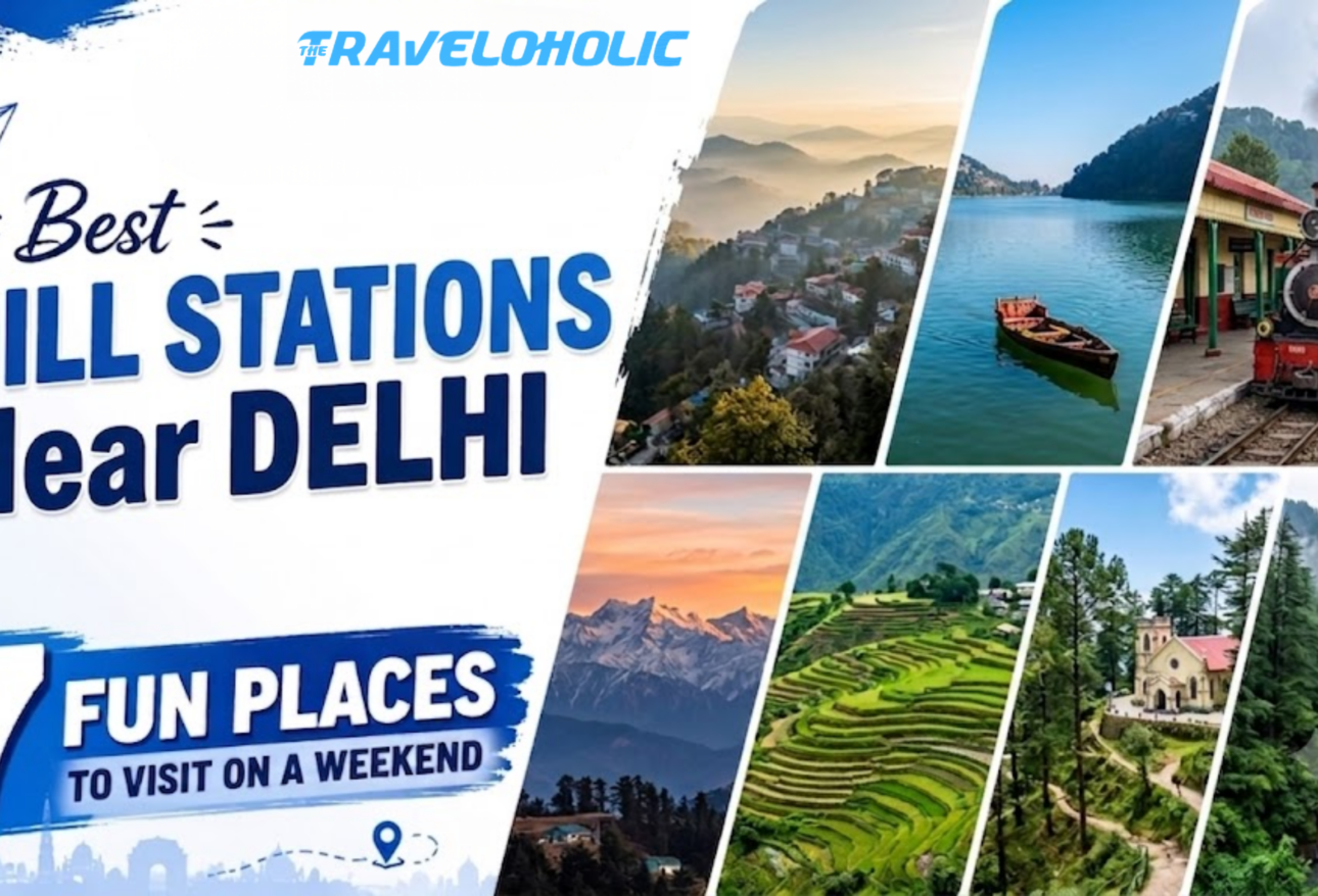 Best Hill Stations Near Delhi' in bold blue and white text. The left side features travel icons and a number '7' in a blue banner, with the subtitle '7 Fun Places to Visit on a Weekend'. The right side is a collage of 7 distinct scenic images within diagonal slices, showing a misty hill town, a person in a boat on a tranquil lake, a classic steam toy train at a station, snow-capped mountains at sunset, vibrant green terraced fields, a colonial-style church among pine trees, and a secluded forest waterfall. The overall composition is clean and inviting.