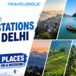 Best Hill Stations Near Delhi' in bold blue and white text. The left side features travel icons and a number '7' in a blue banner, with the subtitle '7 Fun Places to Visit on a Weekend'. The right side is a collage of 7 distinct scenic images within diagonal slices, showing a misty hill town, a person in a boat on a tranquil lake, a classic steam toy train at a station, snow-capped mountains at sunset, vibrant green terraced fields, a colonial-style church among pine trees, and a secluded forest waterfall. The overall composition is clean and inviting.