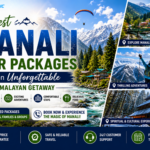 Travel poster showcasing the best Manali tour packages with snow-capped Himalayan mountains, scenic rivers, adventure activities, beautiful valleys, and cultural attractions.