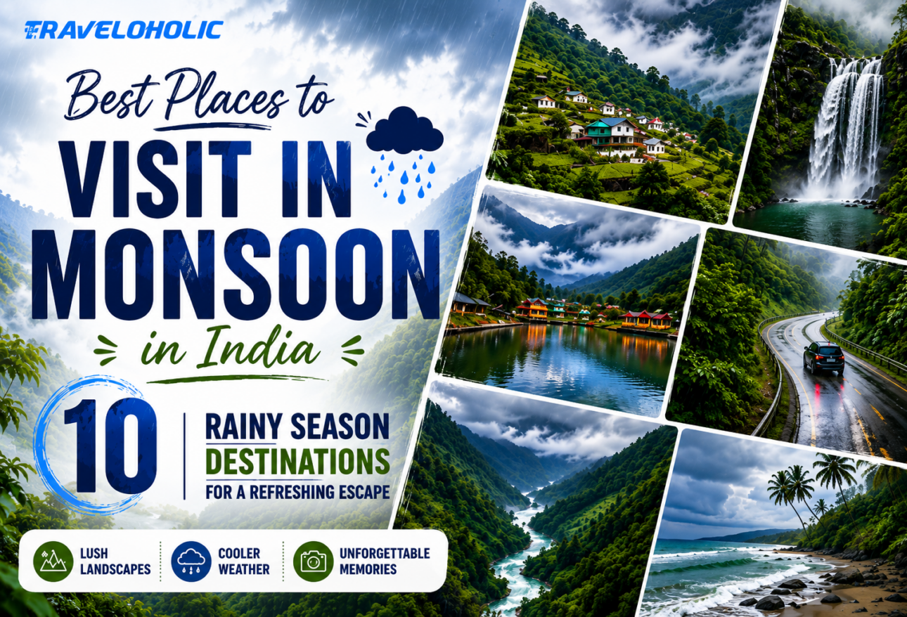 Colorful travel poster showcasing the best places to visit in monsoon in India with scenic hill stations, waterfalls, lush valleys, misty mountains, and coastal landscapes for a refreshing rainy season getaway.