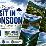 Colorful travel poster showcasing the best places to visit in monsoon in India with scenic hill stations, waterfalls, lush valleys, misty mountains, and coastal landscapes for a refreshing rainy season getaway.