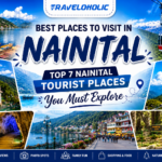 Travel poster featuring the best places to visit in Nainital, including Naini Lake, Snow View Point, Naina Devi Temple, cave attractions, ropeway, scenic viewpoints, and wildlife experiences.