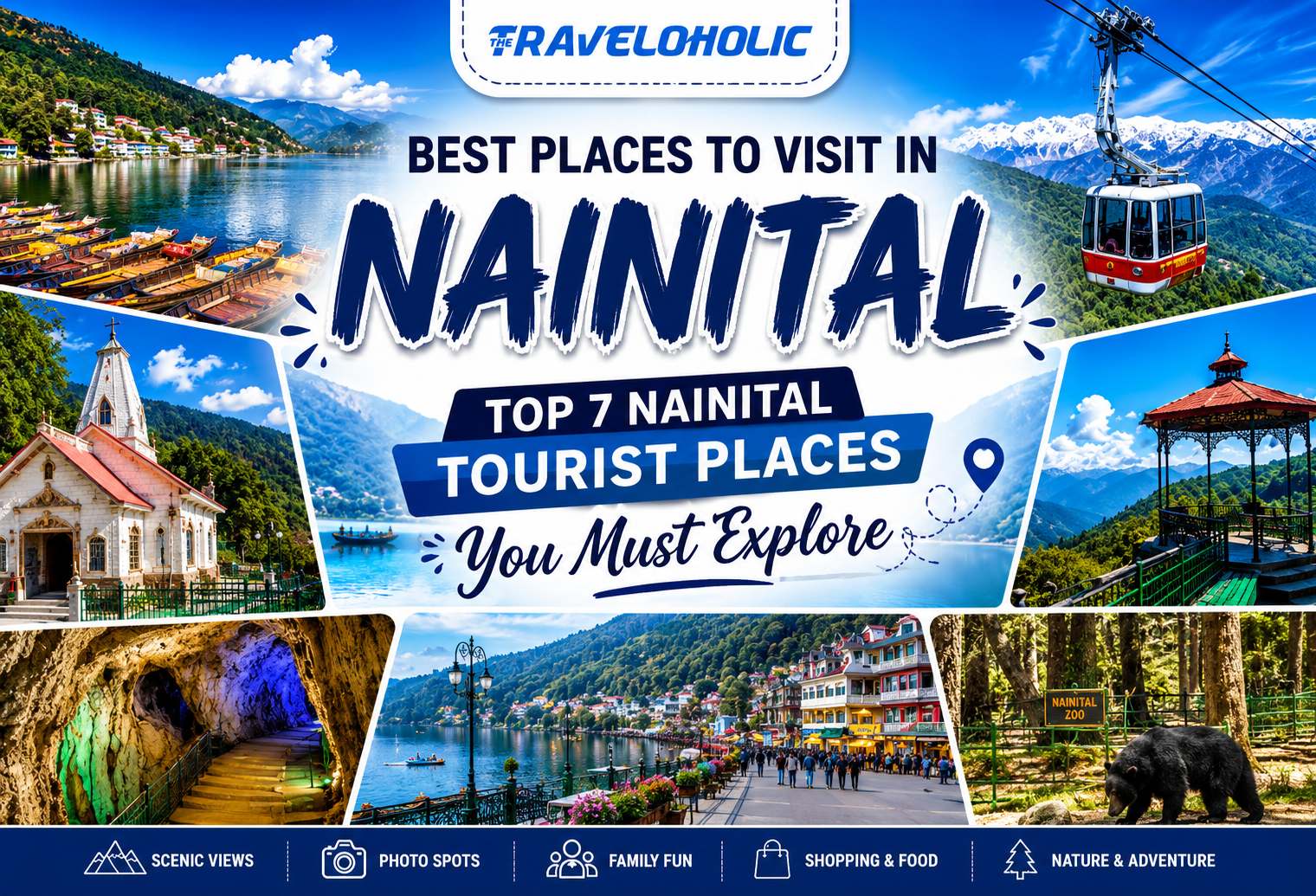Travel poster featuring the best places to visit in Nainital, including Naini Lake, Snow View Point, Naina Devi Temple, cave attractions, ropeway, scenic viewpoints, and wildlife experiences.