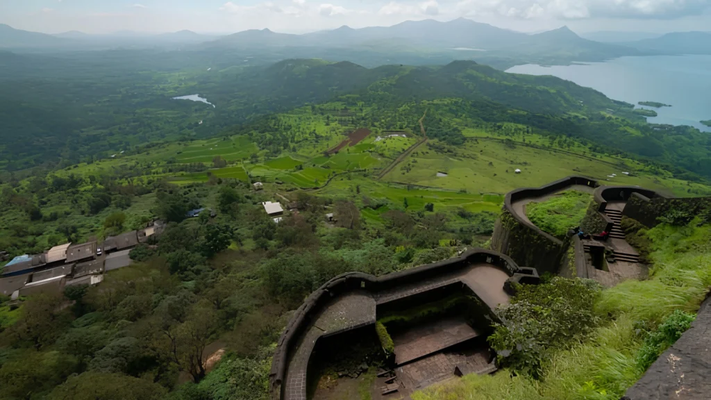 Waterfalls and green hills in Lonavala during monsoon.