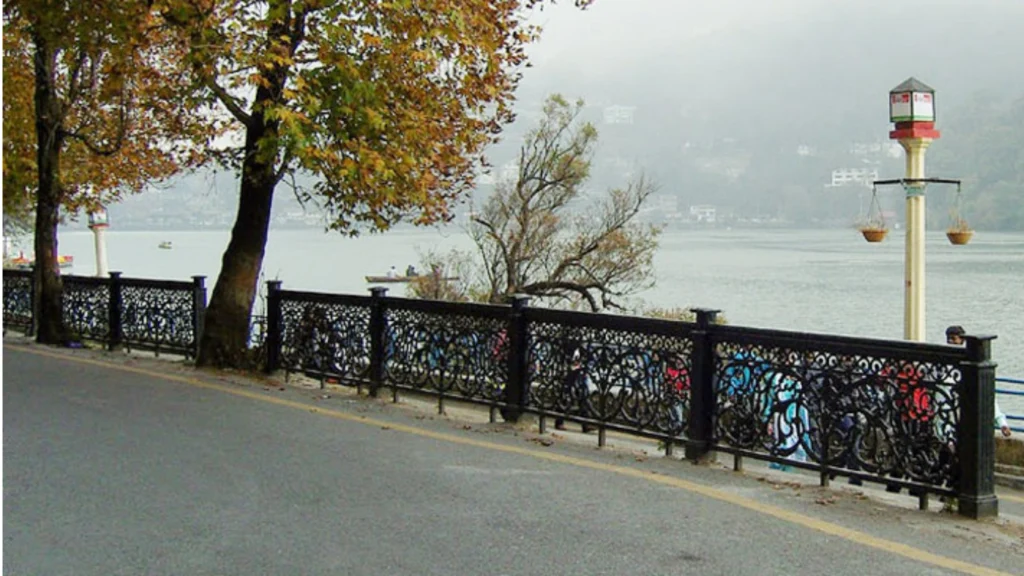 Mall Road in Nainital lined with shops, cafés, and views of Naini Lake.