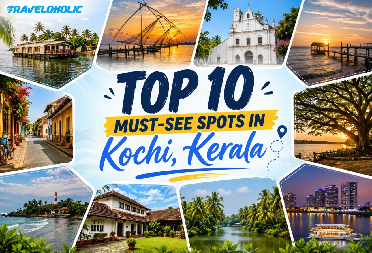 Best 10 places to see in Kochi, Kerala, featuring Fort Kochi, Chinese Fishing Nets, Marine Drive, Cherai Beach, Mattancherry Palace, and other popular tourist attractions.