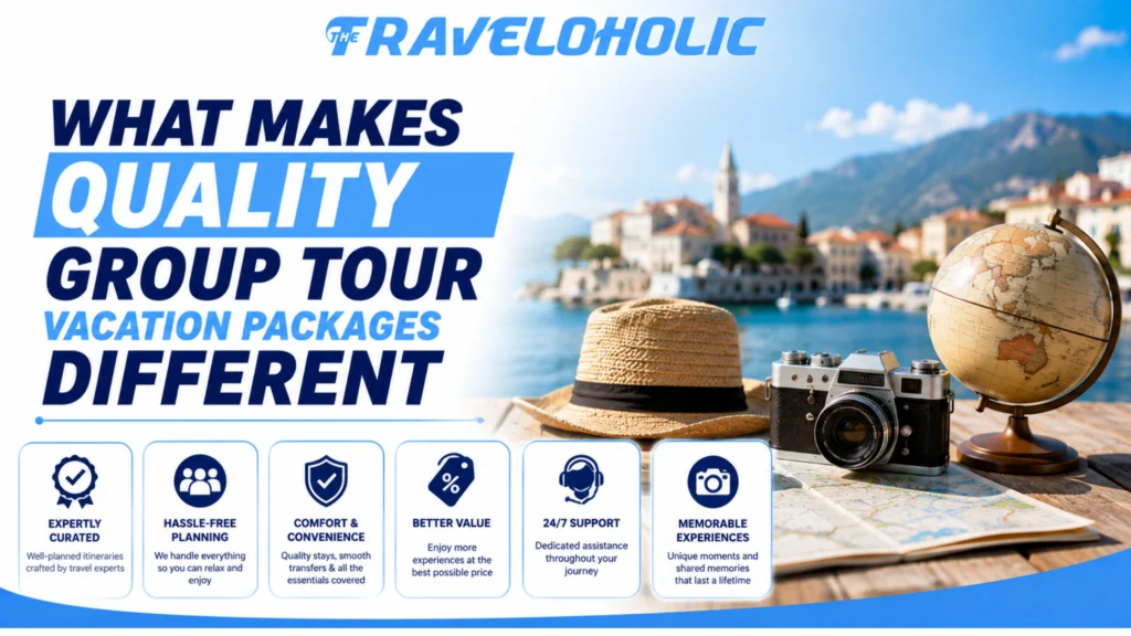 A professional tour guide leading travelers on a premium group vacation organized by TheTraveloholic.