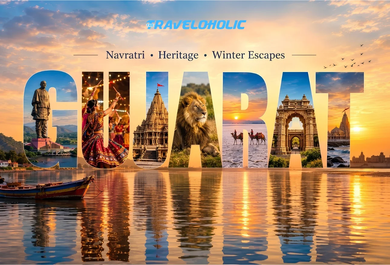 Gujarat travel collage featuring the Statue of Unity, Navratri garba dancers, historic temples, an Asiatic lion and camels in the Rann of Kutch at sunset.