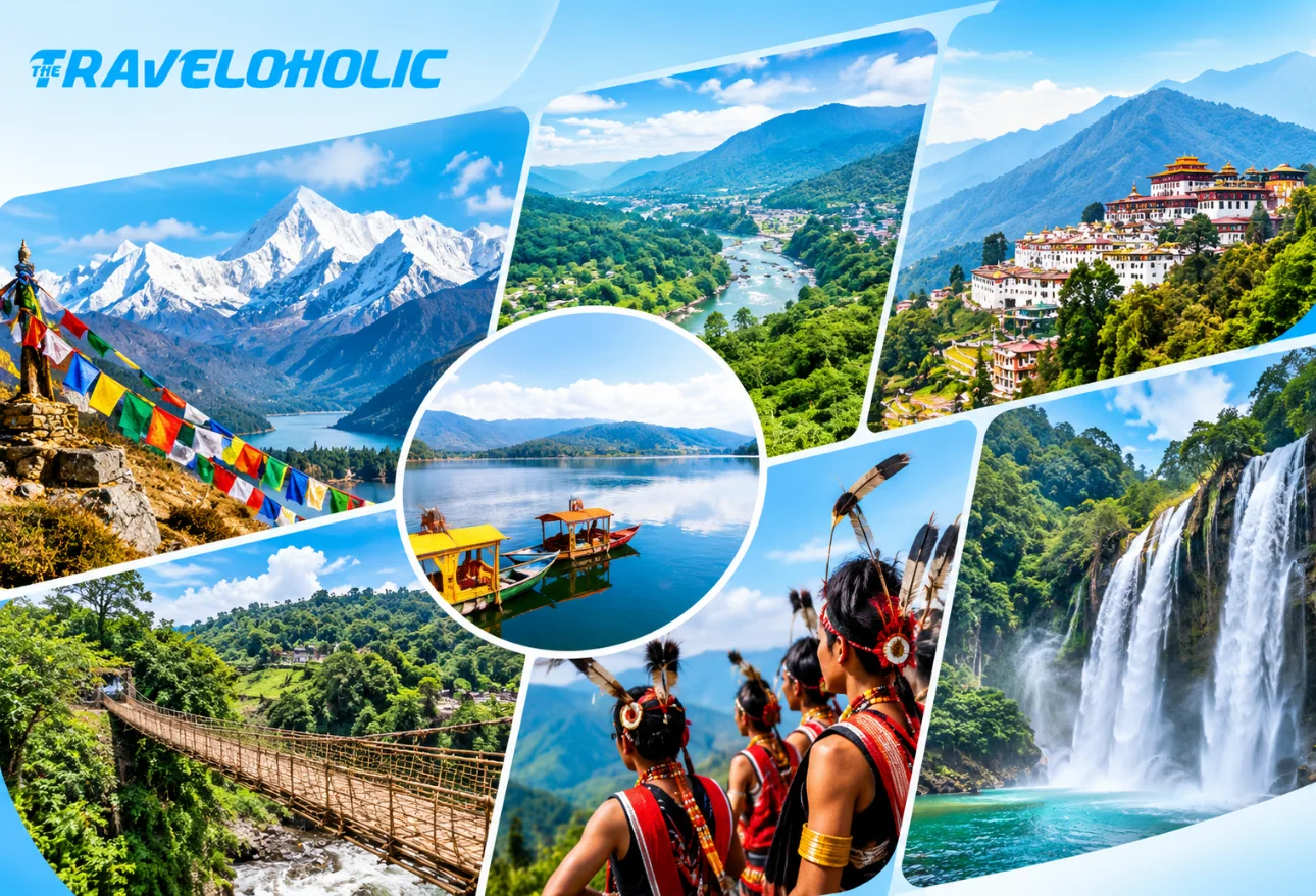 TheTraveloholic guide to the best places to visit in Northeast India featuring scenic mountains and green valleys.